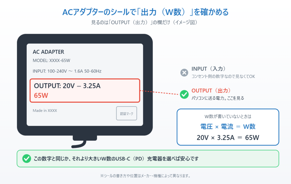 ACアダプターのシールの見方。OUTPUT（出力）欄の20V⎓3.25Aから、20V×3.25A＝65Wと計算する