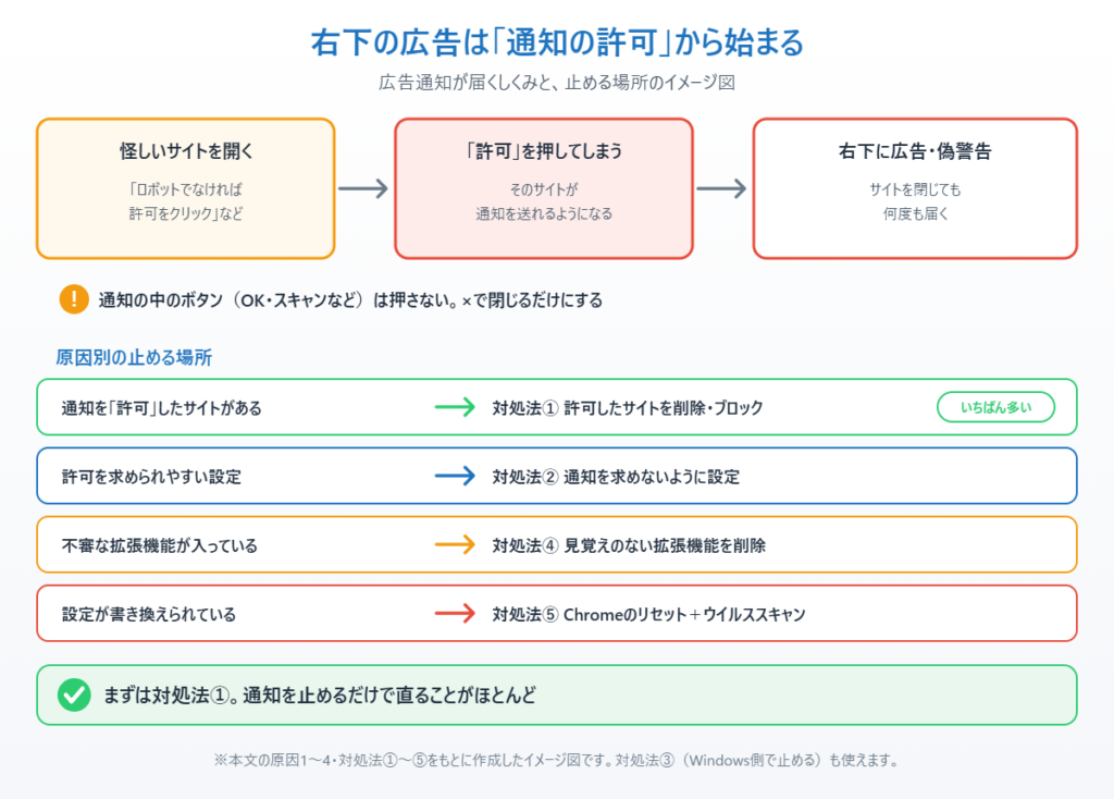 サイトの通知を許可すると右下に広告が届くしくみと、原因別の対処法を示したイメージ図