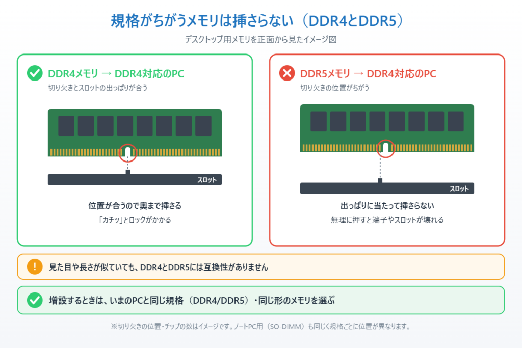 DDR4とDDR5は切り欠きの位置が違い互換性がないことを示す図