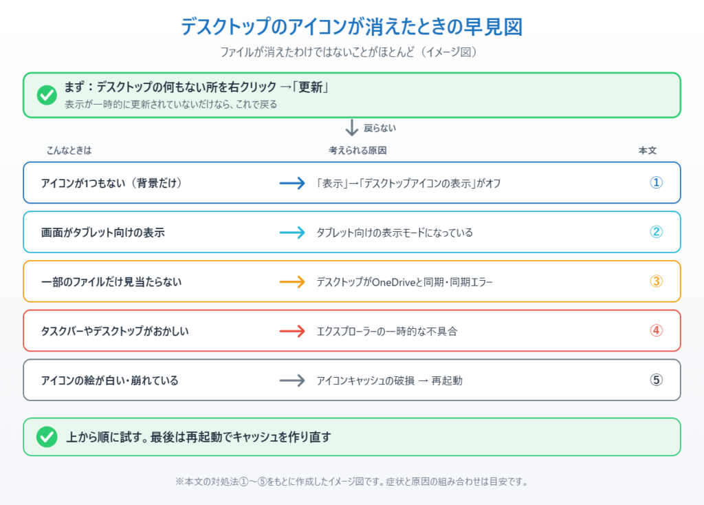 デスクトップのアイコンが消えたときの症状ごとの原因と対処法を示したイメージ図