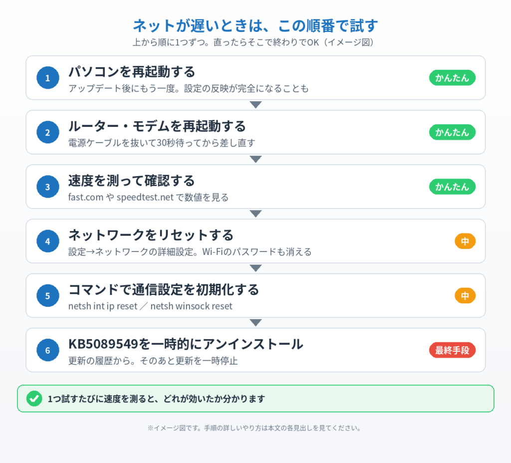 KB5089549のあとネットが遅いときに試す6つの対処を、かんたんな順に並べたイメージ図