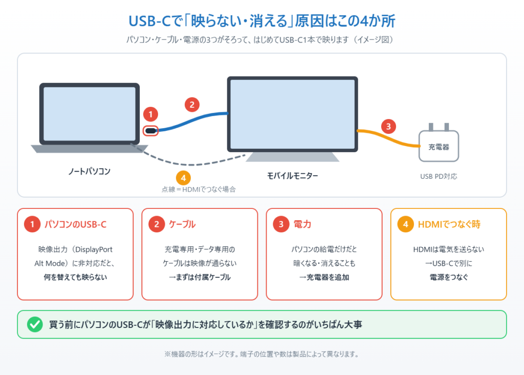 USB-Cでモバイルモニターが映らない・消える4つの原因（パソコンのUSB-C・ケーブル・電力・HDMI接続時の電源）のイメージ図