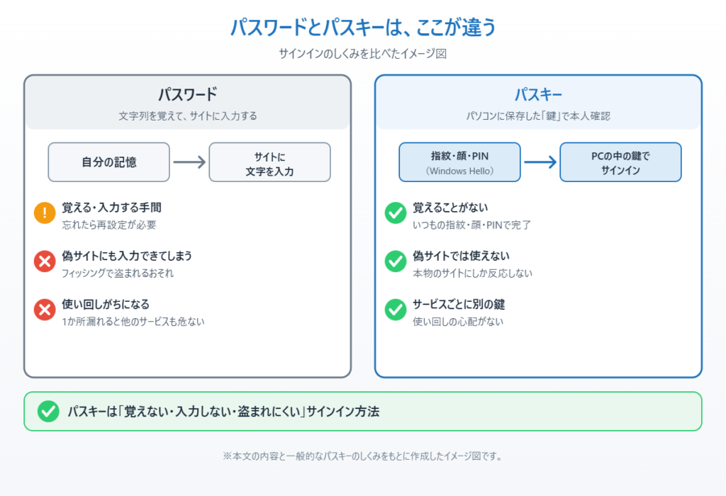 パスワードとパスキーのサインインのしくみと安全性の違いを比べたイメージ図