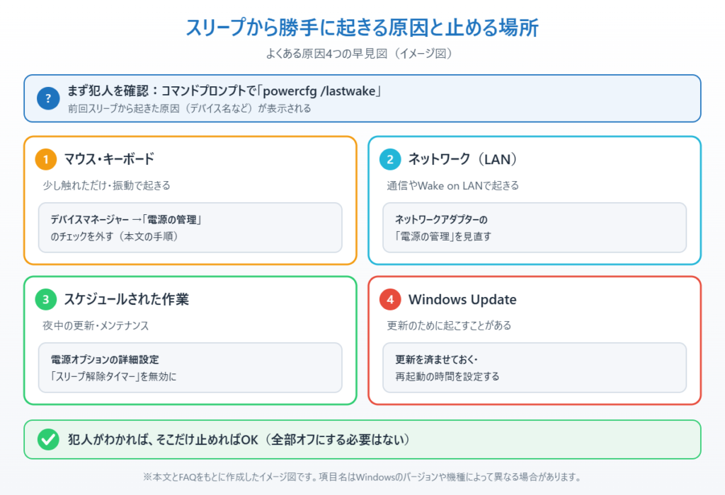 マウス・キーボード、ネットワーク、スケジュールされた作業、Windows Updateの4つの原因と止める場所を示したイメージ図