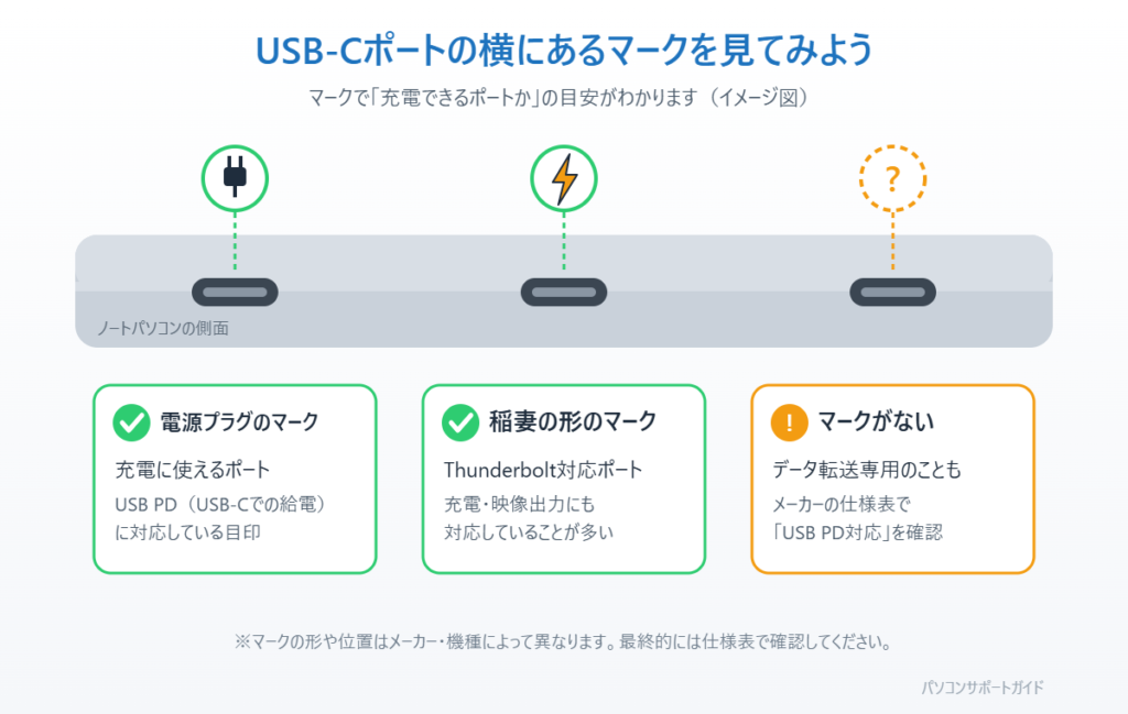 ノートパソコンのUSB-Cポート横のマークの見分け方(電源プラグのマーク・稲妻のThunderboltマーク・マークなし)