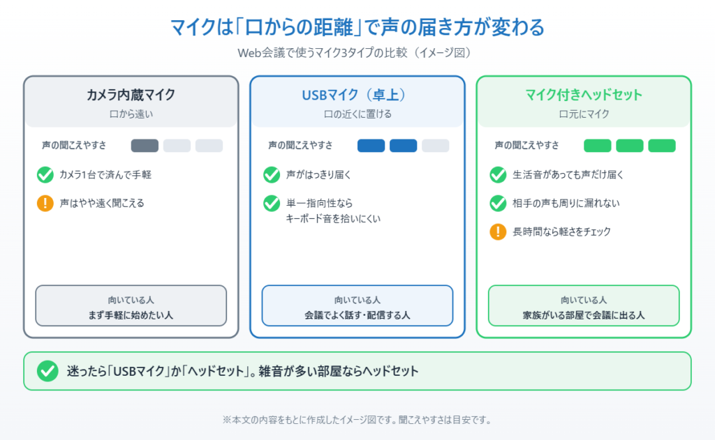 カメラ内蔵マイク・USBマイク・ヘッドセットの声の届きやすさと向いている人を比べたイメージ図
