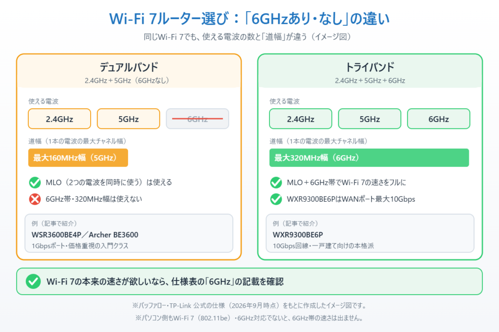 Wi-Fi 7ルーターのデュアルバンド(6GHzなし・最大160MHz幅)とトライバンド(6GHzあり・最大320MHz幅)の違いを比較したイメージ図