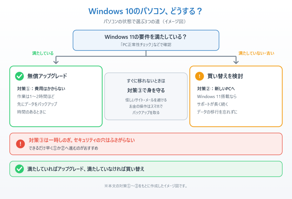Windows 11の要件を満たすかどうかで、無償アップグレード・買い替え・一時的なリスク軽減の3つの道を示したイメージ図