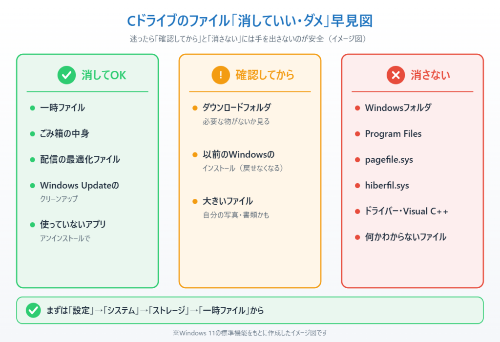Cドライブのファイルを消してOK・確認してから・消さないの3つに分けたイメージ図