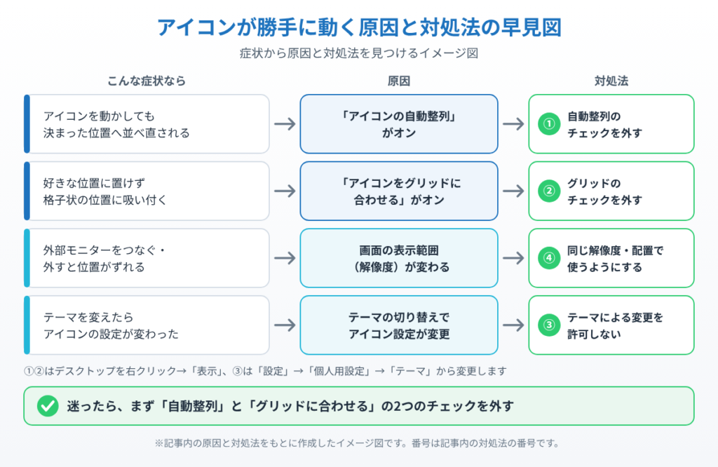 デスクトップのアイコンが勝手に動く4つの症状について、原因と記事内の対処法①〜④の対応を示したイメージ図