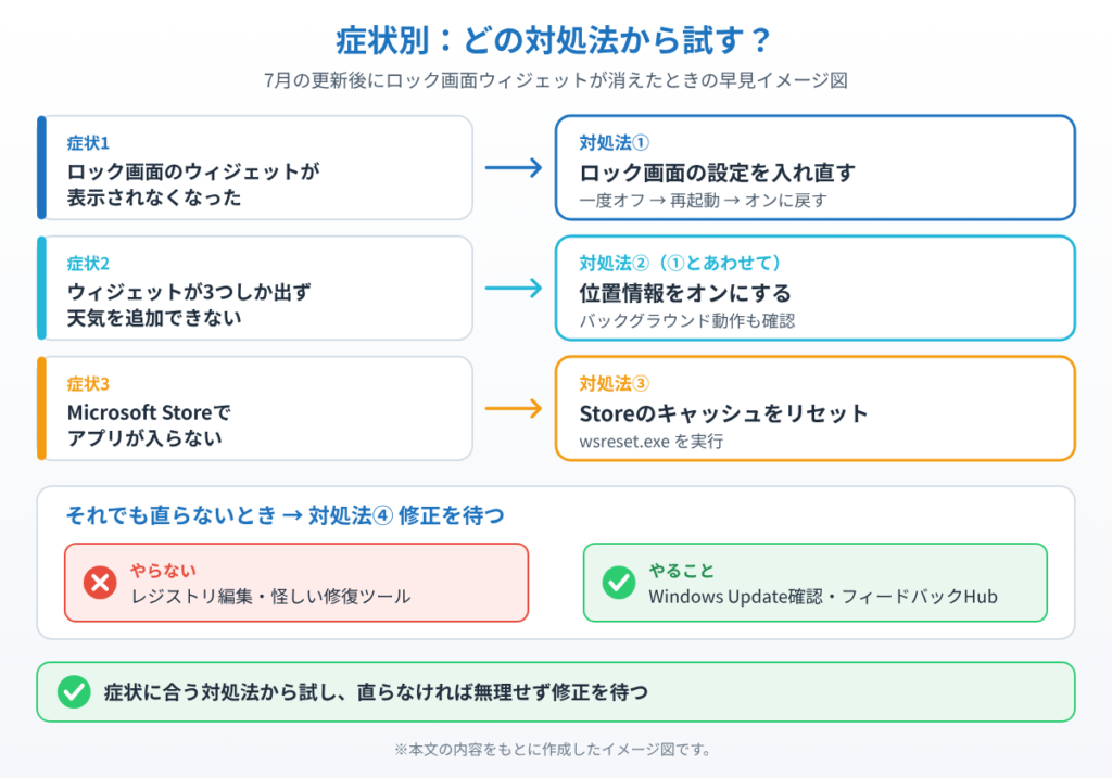 ロック画面ウィジェットが消えたときに症状ごとにどの対処法から試すかを示したイメージ図