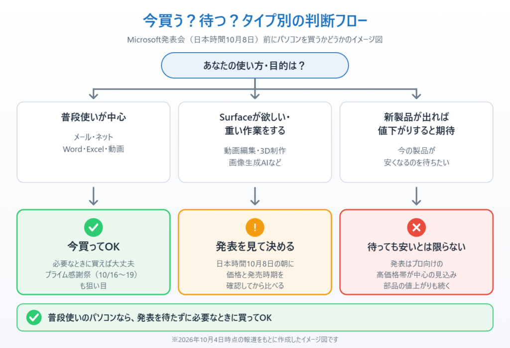 使い方別に、今パソコンを買うか、Microsoftの発表を待つかの判断の目安を示したイメージ図