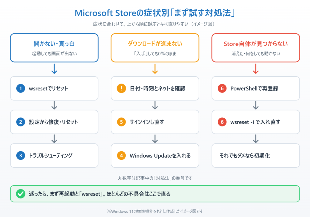 Microsoft Storeが開かない・ダウンロードが進まない・見つからない症状ごとに試す対処法の順番を示したイメージ図
