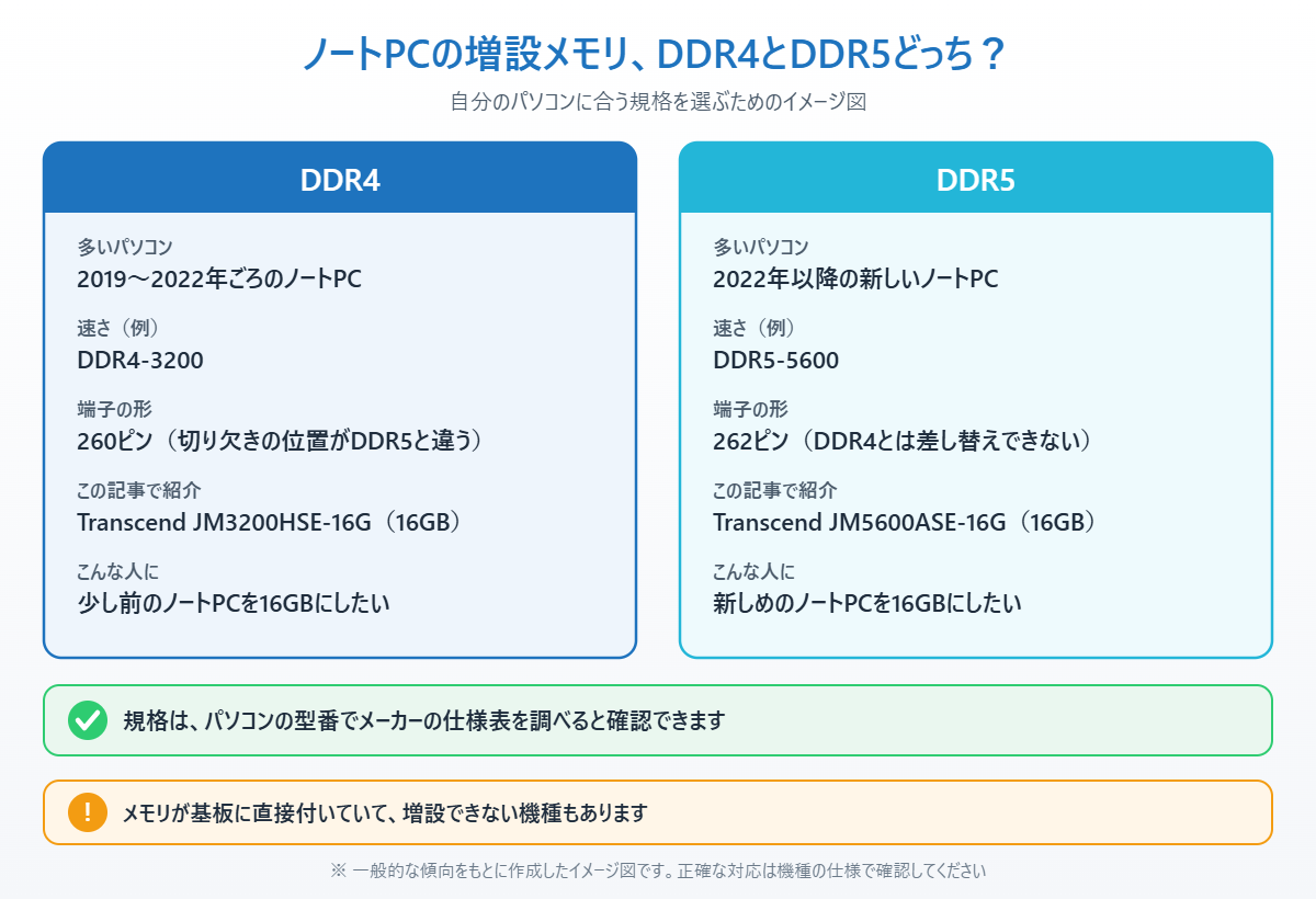 ノートパソコン用の増設メモリDDR4とDDR5の対応時期・速さ・端子の形と紹介商品を比べたイメージ図