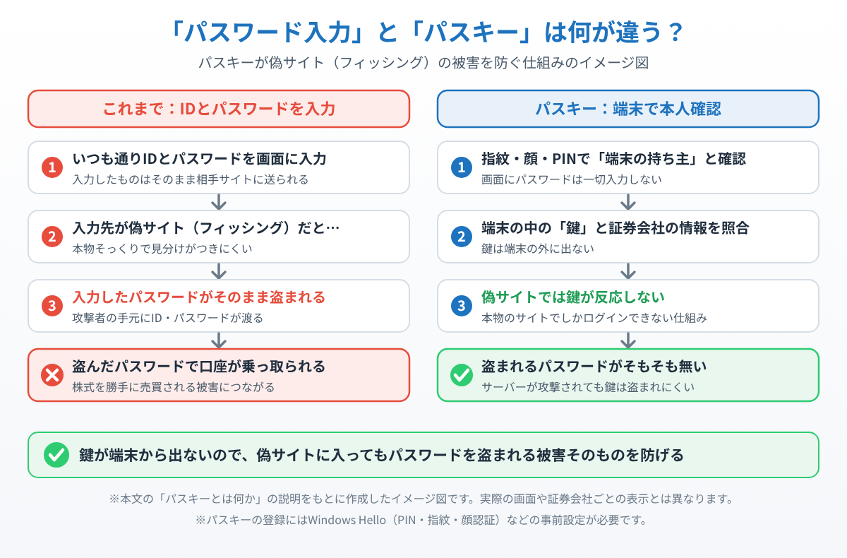 パスワード入力では偽サイトでパスワードが盗まれるが、パスキーは鍵が端末から出ないため偽サイトでは反応せず盗まれないことを左右比較で示したイメージ図