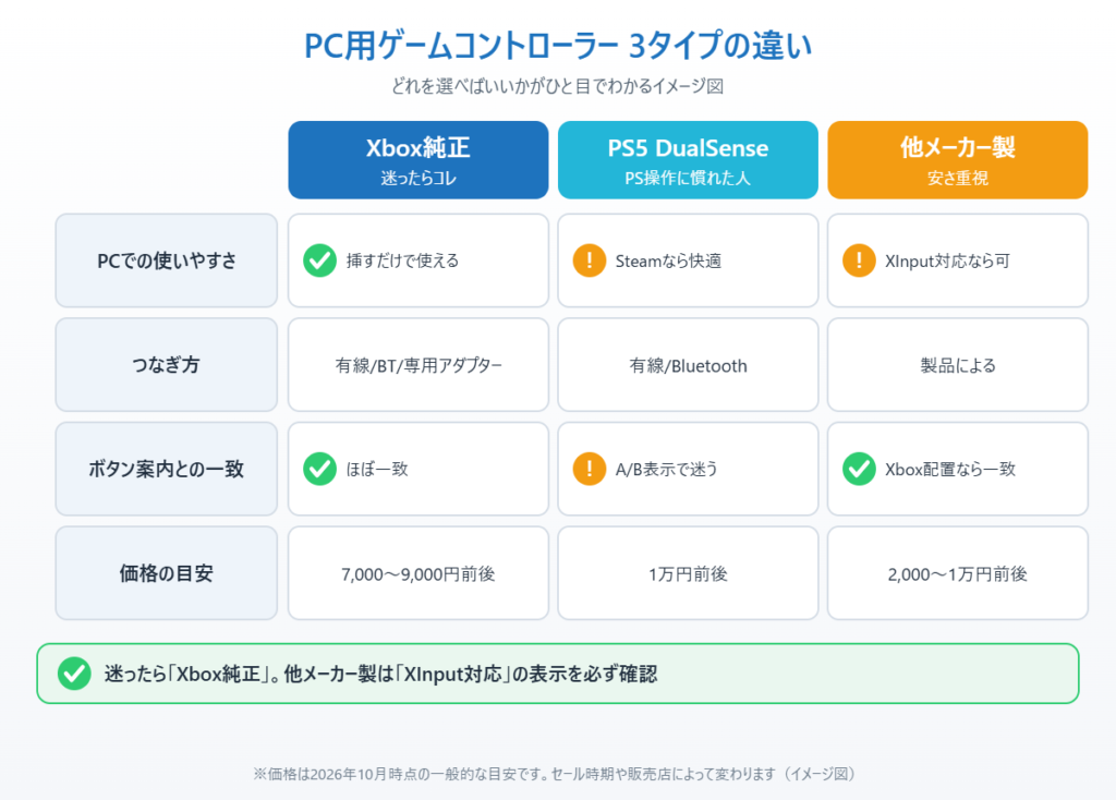 Xbox純正・PS5 DualSense・他メーカー製コントローラーのPCでの使いやすさ、つなぎ方、価格の目安を比べたイメージ図