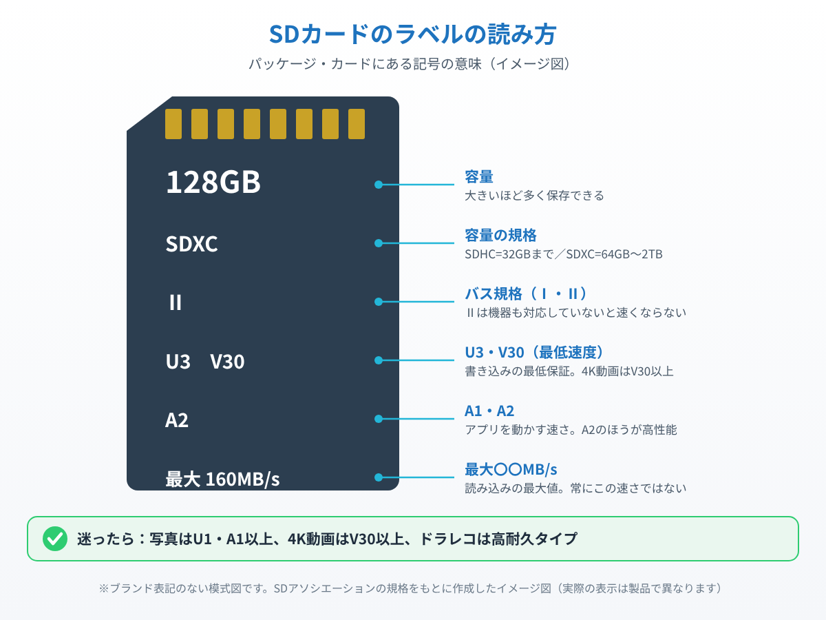 SDカードの容量・SDHC/SDXC・UHSバス規格・U3/V30・A2・最大速度の表記の意味を示したイメージ図