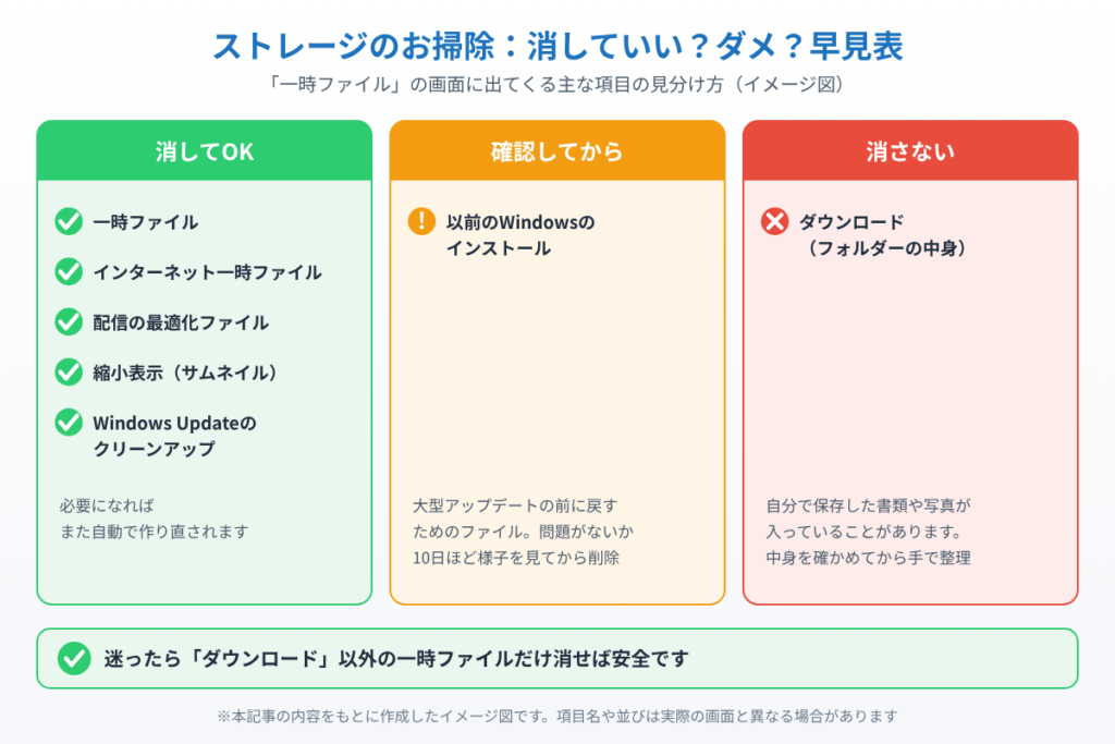 一時ファイルの画面に出る項目を、消してOK・確認してから・消さないの3つに分けた早見表のイメージ図
