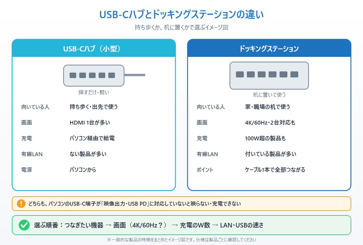 USB-Cハブとドッキングステーションの向いている人・画面・充電・有線LANの違いを比べたイメージ図