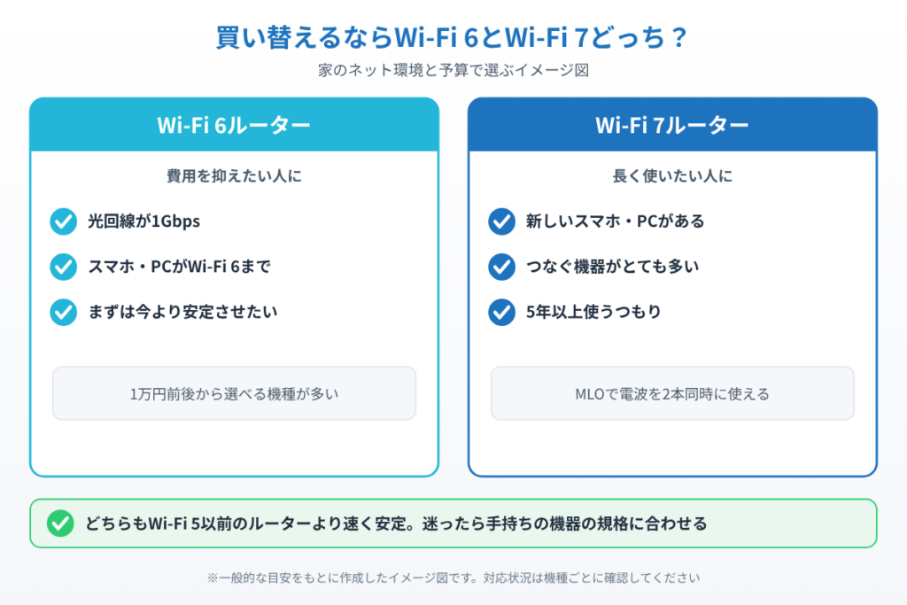 Wi-Fiルーターを買い替えるときにWi-Fi 6とWi-Fi 7のどちらが向いているかを比べたイメージ図