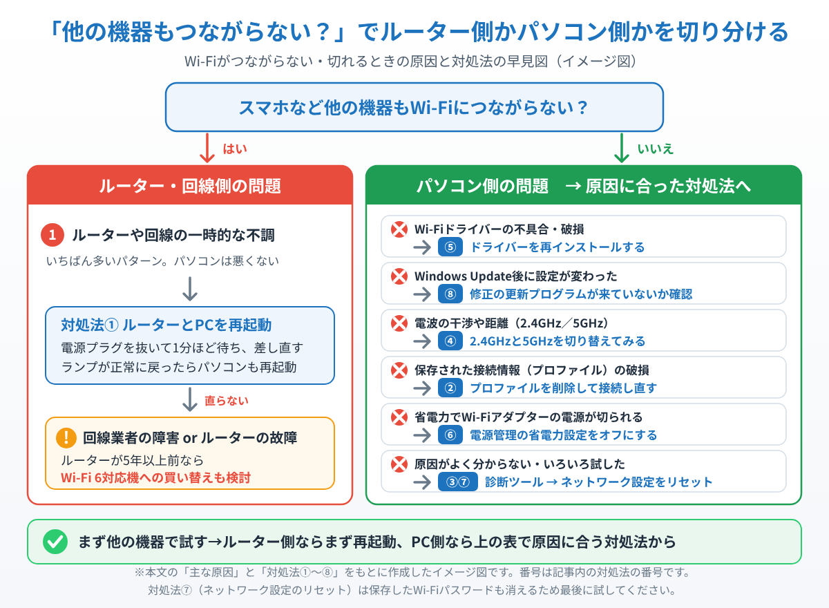 スマホなど他の機器もWi-Fiにつながらないかでルーター側かパソコン側かを切り分け、原因ごとの対処法番号を示したイメージ図