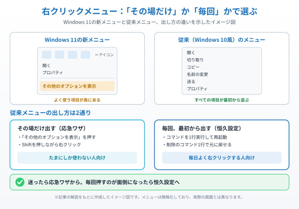 Windows 11の新メニューと従来メニューの違い、および一時的に出す応急ワザとコマンドで毎回出す恒久設定の選び方を比べたイメージ図