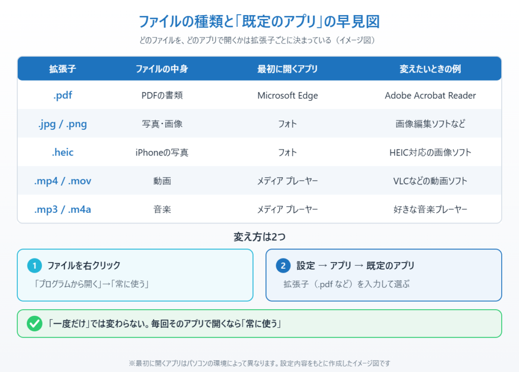 拡張子ごとに最初に開くアプリと、既定のアプリの変え方2つをまとめたイメージ図