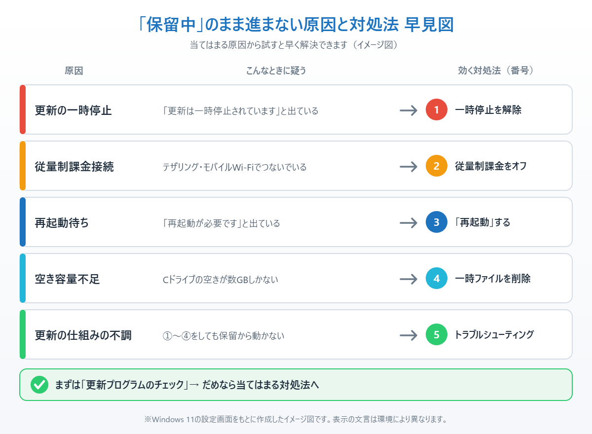Windows Updateが保留中のまま進まない5つの原因と、それぞれに効く対処法の番号をまとめたイメージ図