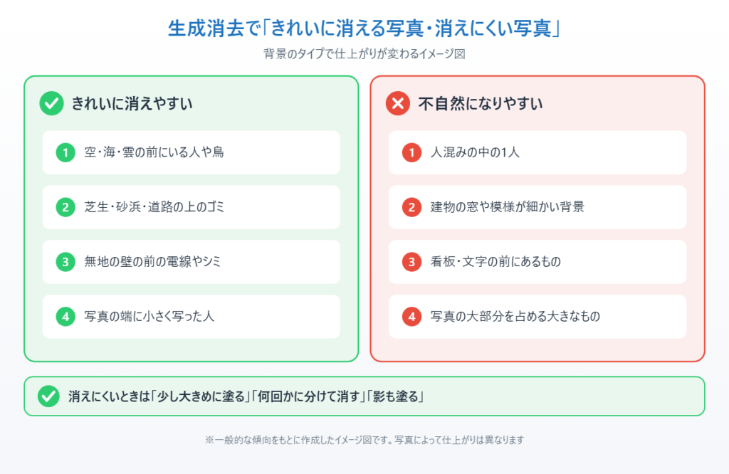 Windows 11フォトの生成消去で、きれいに消えやすい写真と不自然になりやすい写真を比べたイメージ図