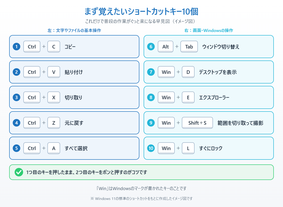 Ctrl+CやAlt+Tab、Windows+Lなどまず覚えたいショートカットキー10個をまとめたイメージ図