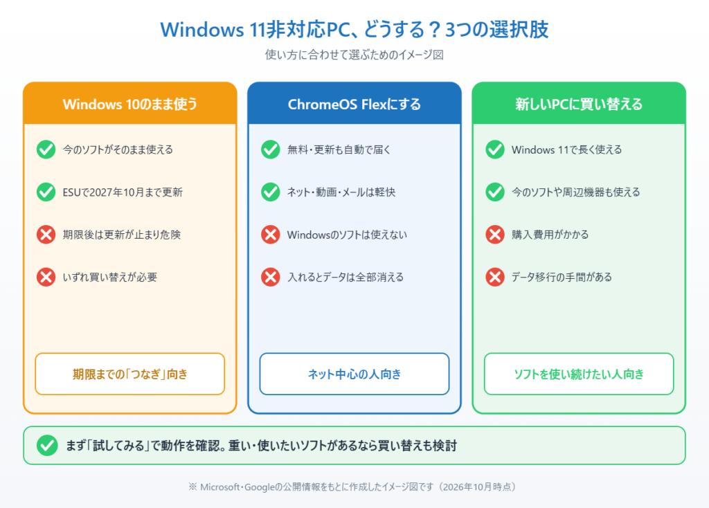 Windows 10のまま使う・ChromeOS Flexにする・買い替えるの3つを比べたイメージ図